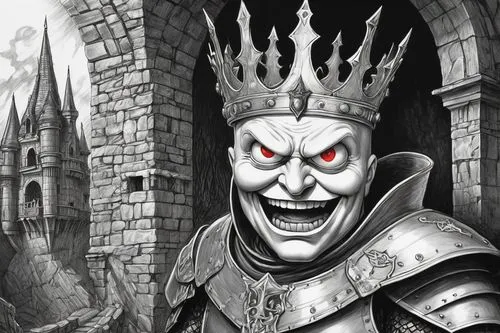 Humpty Dumpty, broken eggshell, angry facial expression, sharp teeth, red eyes, evil grin, medieval-inspired armor, golden crown, fragmented mirror pieces, dark castle walls, Gothic windows, mysteriou