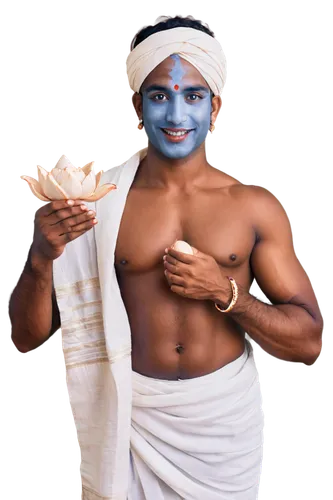 Krishna, Indian god, blue skin, crown, earrings, necklace, sacred thread, white dhoti, bare chest, muscular arms, holding conch shell, lotus flower, gentle smile, serene expression, soft focus, warm l