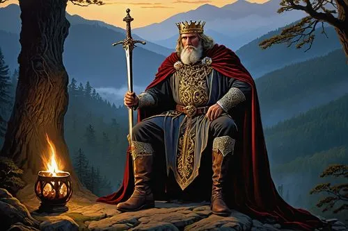 Regal leper king, majestic throne, golden crown, detailed beard, worn leather boots, ornate sword, velvet cape, medieval atmosphere, dark mysterious forest, misty mountains, eerie twilight, warm candl