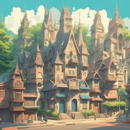 knight village,sylvania,aurora village,studio ghibli,ghibli,highstein,medieval town,fairy tale castle,escher village,fantasy city,nargothrond,mountain settlement,townscapes,townhouses,riftwar,wooden h