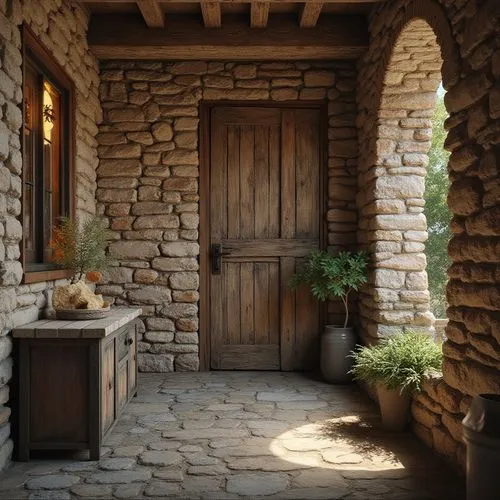 Rustic stone walls, distressed wooden planks, rough-hewn brick facades, earthy tones, natural textures, organic patterns, aged metal accents, vintage decorative elements, warm ambient lighting, shallo