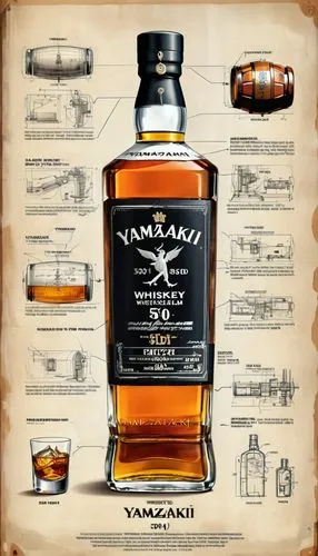 an industrial design sketch of a beautiful Yamazaki 50-Year-Old whiskey ancient whisky bottle, movie poster advertising (construction plan) modern style with some advertising notices,  frozen effect, 