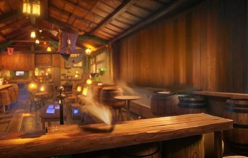 放着几杯啤酒,a dimly lit room with bars and wooden stools,tavern,pub,bar,izakaya,liquor bar,taverns