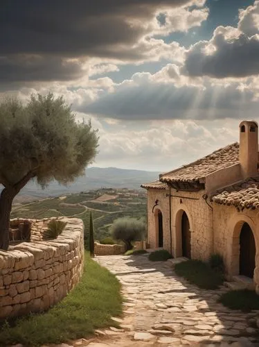 Ancient mule architecture, rustic stone walls, clay roof tiles, wooden doors, intricate carvings, Mediterranean style, village scenery, rolling hills, olive trees, sunny afternoon, warm soft light, dr