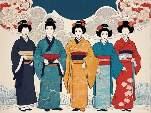 geishas,ukiyoe,geiko,maiko,cool woodblock images,geisha,Illustration,Black and White,Black and White 32