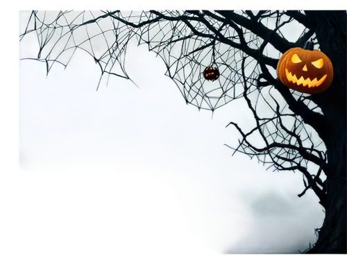 Halloween theme, ornate border, transparent background, spooky atmosphere, black and orange colors, curved lines, intricate patterns, glowing eyes, spider webs, bats flying, jack-o'-lantern, creepy cr