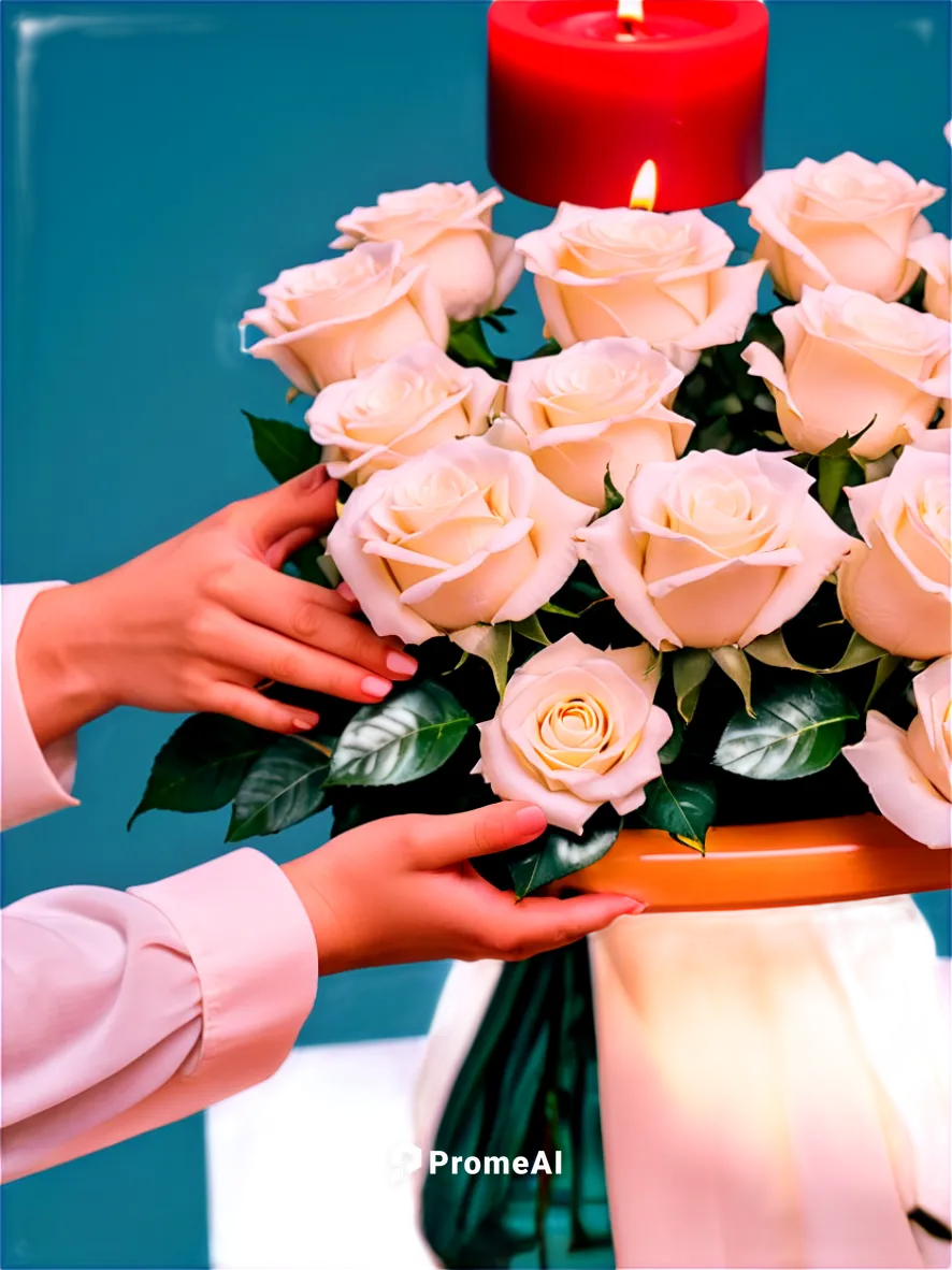 Sympathy flowers, bouquet of white roses, candles lit, condolence wreath, gentle hands holding, sorrowful facial expression, soft lighting, warm color tone, shallow depth of field, 3/4 composition, ci