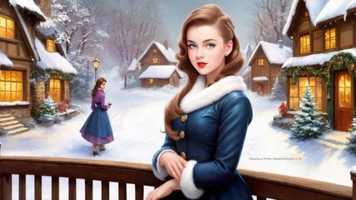 Romantic masterpiece oil painting, cute girl portrait, nostalgic 1950's style kitsch, traditional woman, tradwife, Winter wonderland, snowy landscape, Christmas village scenery, by Thomas Kinkade, by 