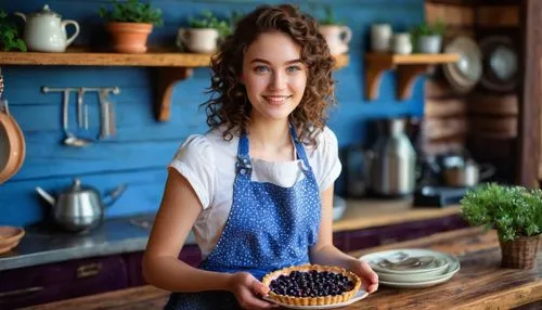 Blueberry themed cafe, cozy atmosphere, soft pastel colors, sweet aromas, delicate girl, 18yo, curly brown hair, bright blue eyes, gentle smile, white apron, holding a blueberry tart, standing behind 