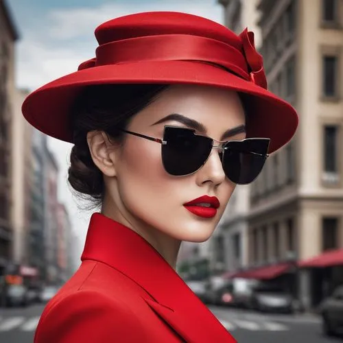 In the heart of the city, a sleek and stylish woman wearing a tailored tuxedo and oversized red hat stands in front of their eyes, holding a stylish display. Her dress billows in the breeze, and she w