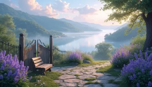 fantasy landscape,landscape background,purple landscape,beautiful landscape,scenic bridge,seclude,home landscape,nature landscape,beauty scene,pathway,fantasy picture,idyll,nature background,scenery,world digital painting,landscape nature,lavender fields,serenity,natural scenery,tranquility,Photography,General,Realistic