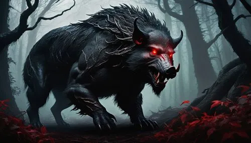 Demonic boar, red eyes glowing, sharp tusks, black fur with crimson undertones, muscular body, powerful legs, razor-sharp claws, dark forest, misty atmosphere, ancient trees looming in background, twi