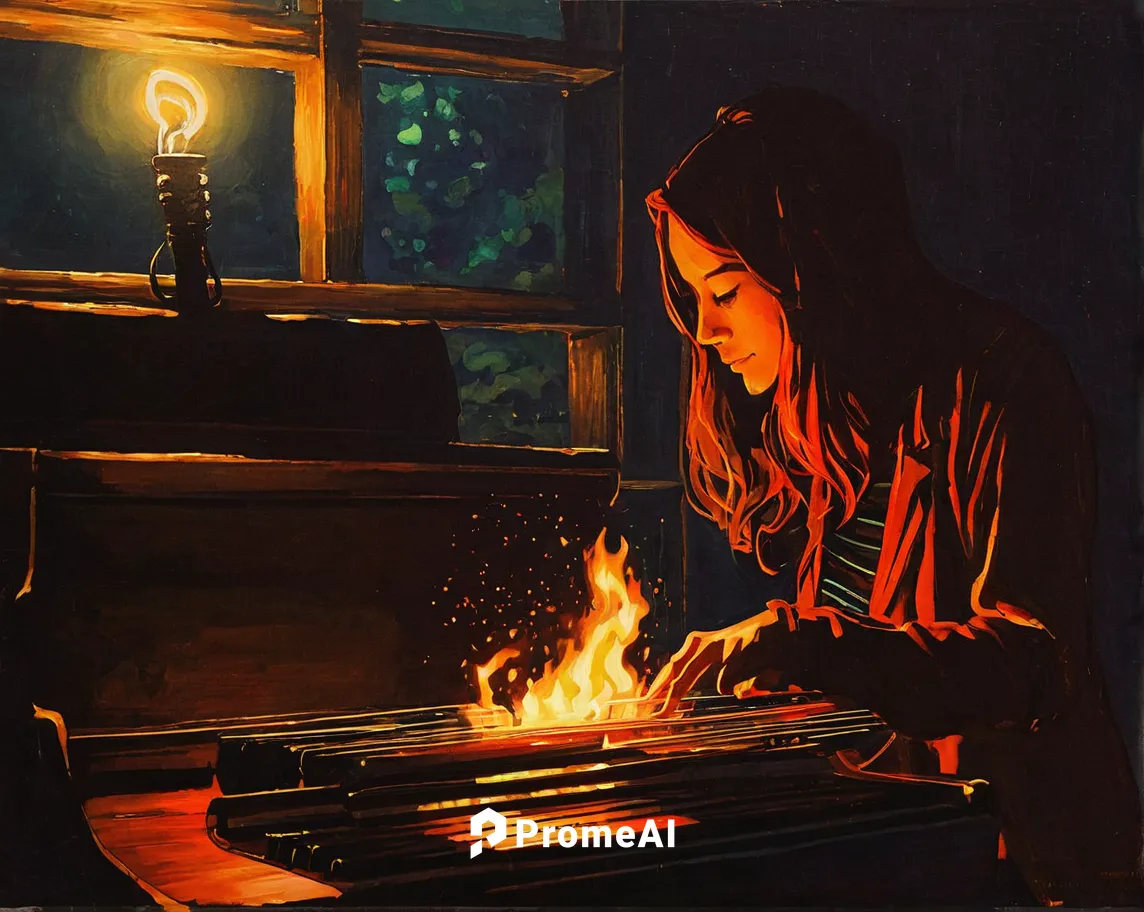 In the depths of loneliness, music can be your saving grace. Let it ignite a fire within and start somethin'.,fire artist,girl studying,pianist,burning candle,burning candles,burning hair,woman playin