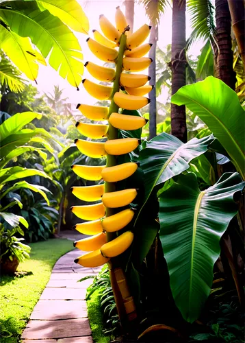 Banana tree, daytime, bright yellow fruit, curved leaves, thick trunk, green foliage, natural scenery, outdoor setting, warm sunlight, soft shadows, 3/4 composition, shallow depth of field, vibrant co