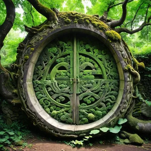 bomarzo,dharma wheel,celtic tree,druidism,japanese garden ornament,garden door,druidic,pandorica,portal,anahata,patrol,time spiral,teikoku,trigrams,circle around tree,esoteric symbol,druid stone,ship's wheel,uzumaki,japanese zen garden,Photography,Black and white photography,Black and White Photography 05