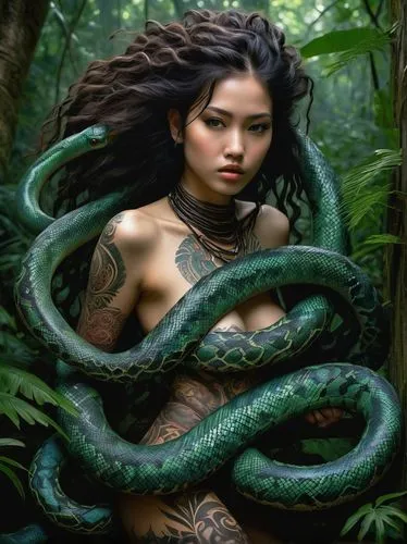 a beautiful girl, her body is wrapped in the coils of a gigantic serpent. the girl has her body covered in tribal tattoos. The girl is excited and moans, tries to escape. she wear.,a woman is surround