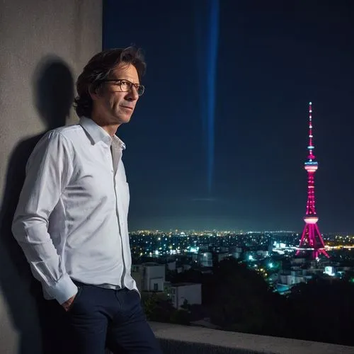 Neil Breen, mysterious, mature man, solo, (40yo), short brown hair, glasses, casual wear, white shirt, dark jeans, sneakers, standing, leaning on a wall, modern architecture, skyscraper, villa, reside