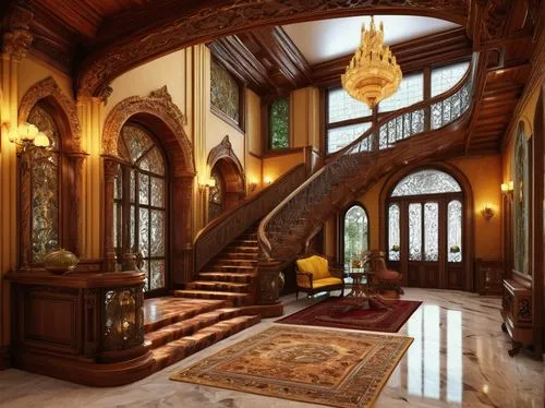 ornate room,luxury home interior,entrance hall,mansion,staircase,entryway,driehaus,winding staircase,foyer,brownstone,palatial,hallway,opulently,outside staircase,peles castle,opulent,cochere,emirates palace hotel,luxury home,opulence,Art,Artistic Painting,Artistic Painting 33