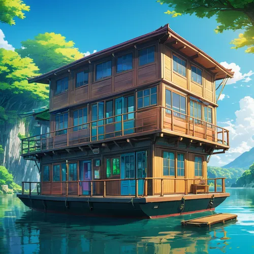 houseboat,floating huts,house by the water,house with lake,floating restaurant,floating island,stilt house,stilt houses,fishing float,wooden house,floating islands,floating on the river,floating over lake,boat house,cube stilt houses,boathouse,house of the sea,aqua studio,wooden boat,boat landscape,Illustration,Japanese style,Japanese Style 03