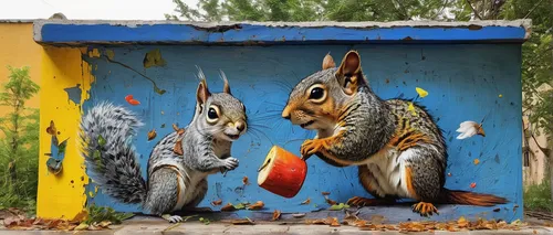 Compose a funny dialogue between two cute characters, like a mischievous squirrel and a curious bird.,squirrels,foxes,whimsical animals,chinese tree chipmunks,chipping squirrel,fox stacked animals,ant