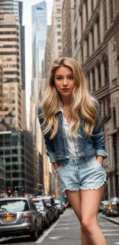 In the heart of bustling New York City, a vibrant and playful caucasian girl named Sarah Viva da Vinci is captured in a stunning aerial view. Her blonde hair is swept back in a warm brown curl, and sh