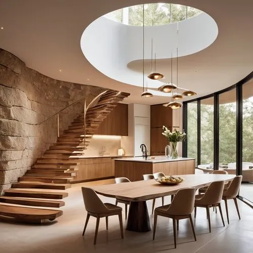 circular staircase,modern kitchen,modern kitchen interior,interior modern design,breakfast room,dunes house,winding staircase,dining table,kitchen design,luxury home interior,dining room,contemporary decor,wooden beams,daylighting,outside staircase,concrete ceiling,kitchen & dining room table,archidaily,modern house,modern decor