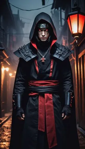 Naruto, vampire, Konoha ninja, dark eyeliner, sharp fangs, black hair with orange tips, blood-red eyes, pale skin, black cloak with red lining, ornate silver cross necklace, muscular physique, intense