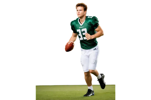 Football player, athletic male, muscular build, 20-30 years old, serious expression, sweaty face, short spiky hair, intense gaze, white jersey with numbers and logos, padded shoulders, football in han