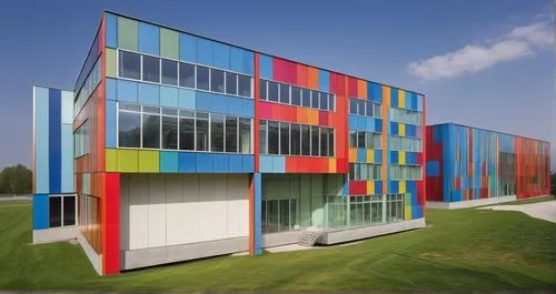 nutricia factory, industry,,colorful facade,school design,facade panels,glass facade,biotechnology research institute,cubic house,metal cladding,cube house,shipping containers,new building,modern buil