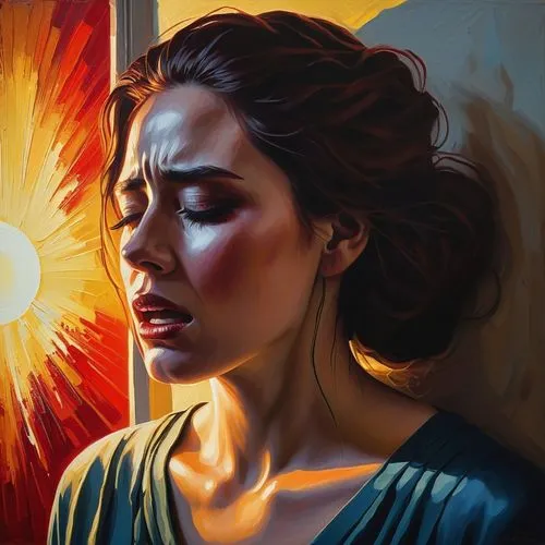 The image depicts a woman with a snarl over her neck expressing sadness as she approaches a painting on a wall. She's bleeding, and her eyes are brighter with each drop. A single ray of sunlight filte