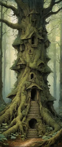 tree house,house in the forest,fairy house,witch's house,treehouse,ancient house,witch house,tree house hotel,fairy chimney,log home,bird house,mushroom landscape,little house,wooden house,crooked house,birdhouse,home landscape,fairy door,large home,bird home,Illustration,Paper based,Paper Based 29