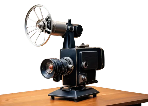 Retro 8mm film projector, vintage device, metal body, rounded shape, lens in front, reel on top, wooden table, old-fashioned lamp nearby, warm lighting, soft focus, shallow depth of field, nostalgic a