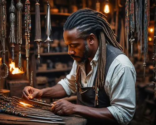 blacksmith,tinsmith,metalsmith,candlemaker,craftsmen,weaving,fire artist,basket maker,artisan,merchant,shoemaking,basket weaver,african businessman,watchmaker,silversmith,basket weaving,hatmaking,a carpenter,jewelry manufacturing,tailor,Photography,General,Fantasy