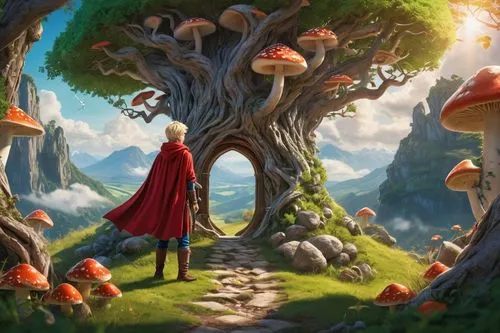 mushroom landscape,mushroom island,fairy forest,fairy world,cartoon forest,bird kingdom,magic tree,elven forest,tree mushroom,fairy village,fantasy picture,druid grove,world digital painting,forest mushroom,cg artwork,toadstools,elves flight,gnomes,forest of dreams,fae,Unique,Design,Knolling