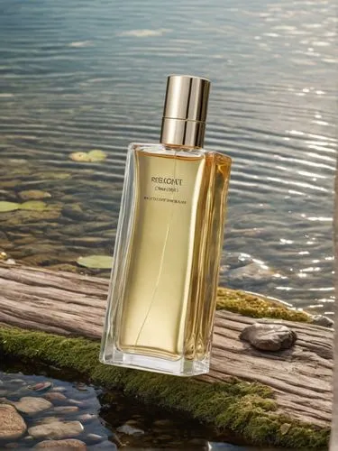 a bottle of perfume sitting on the ground next to a body of water,parfumerie,parfum,natural perfume,scent of jasmine,guerlain,cologne water,Photography,General,Natural