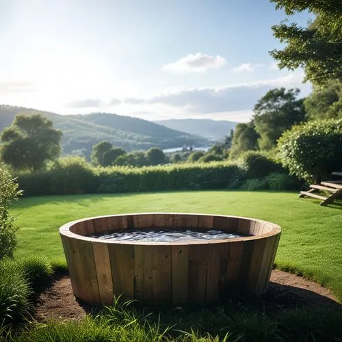 large wooden  tub in grassy area on sunny day,fire bowl,wooden flower pot,spa water fountain,wine barrel,wooden bucket,water feature