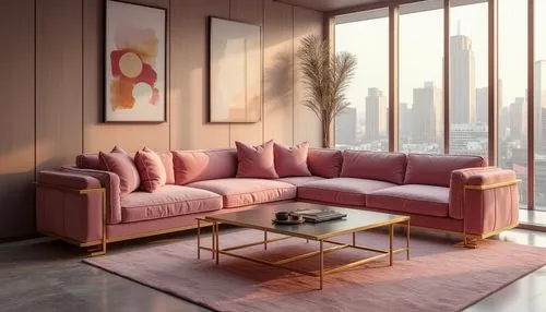 Modernism style interior, orchid color dominant, luxurious velvet sofa, golden metal frame, minimalist coffee table, abstract artwork on walls, floor-to-ceiling windows, natural light pouring in, subt