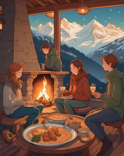 Transport your characters to a cozy mountainside chalet, enjoying Swiss fondue by a crackling fireplace.,alpine restaurant,campfire,warmth,romantic dinner,dining,bavarian dinner,campfires,autumn campe