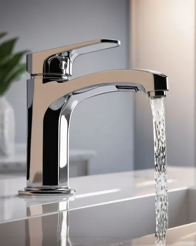 Modern tap, sleek metallic body, cylindrical shape, single-handle design, chrome finish, reflective surface, water droplets on faucet, white marble countertop, elegant kitchen, warm lighting, shallow 