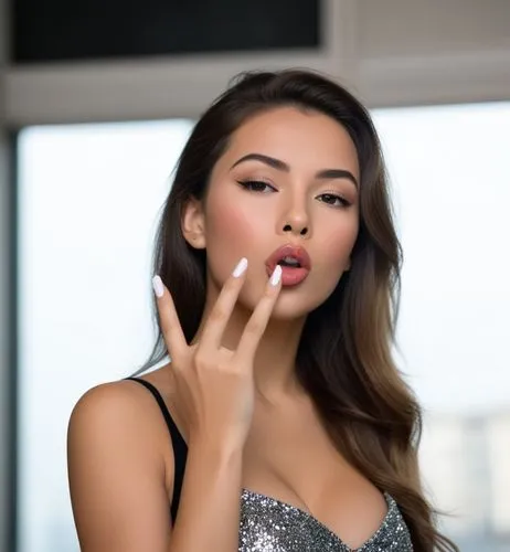 היא מפריחה נשיקה עם היד,a young woman is looking at the camera with her hand near her mouth,filipino,laotian,pakorn,nguyen,filipina,cambodian