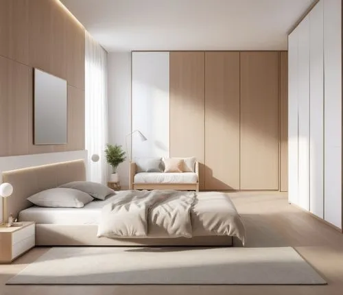 A modern bedroom with dimensions of 350 cm by 500 cm, designed for a couple. The room features a 150 cm by 190 cm bed with a minimalist, Scandinavian design, positioned in the center. At the foot of t