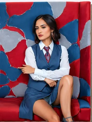 This picture shows a woman in a seated portrait. She is wearing a white shirt with a blue tie and a gray vest. The background is in shades of red and appears to contain abstract or stylized patterns. 