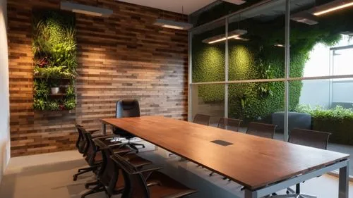 the desk is set up in front of the large wall,modern office,blur office background,meeting room,conference room,creative office,working space,Photography,General,Realistic