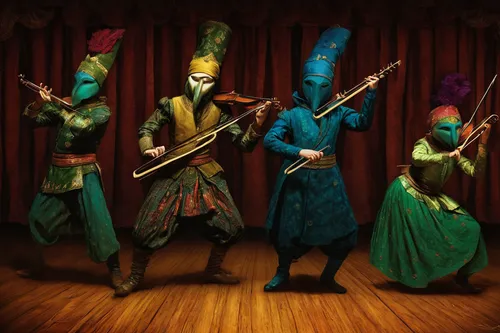 Imagine the Smeshariki characters participating in a talent show and showcasing their unique skills and abilities.,musicians,dervishes,bansuri,dhol,aesulapian staff,music band,indian musical instrumen