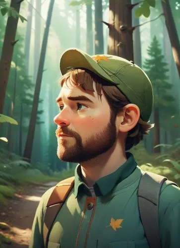 a 50 years old man walking in forester clothing, wearing a cap in a mountain forest. Full body,a man standing in the middle of a forest,kovic,forest man,friedemann,farmer in the woods,cartoon forest,l