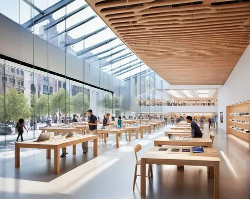 Apple store, modern architecture, glass facade, sleek lines, minimalist design, steel beams, wooden accents, bright interior lighting, staircase, open floor plan, product displays, Apple logo, Genius 