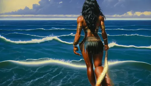 A woman is walking in the ocean,amphitrite,hinemoa,inanna,nereids,sirene,phoenicians,asherah,naiad,polynesian girl,tretchikoff,atlantean,nephthys,atlantica,oshun,shamanic,god of the sea,struzan,nereid