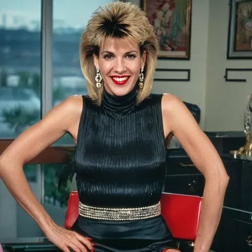 Portrait of  attractive elegant rich happy smiled laughing red lipsticked 40 years old italian woman leaning hand on hip, red lipstick, 80's bicolur blonde mullet hair long on back and pushed up short