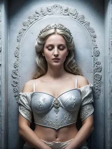 Sleeping Beauty Diana of Wales in her sarcophagus.,a girl in a white gown sitting down,evanna,white rose snow queen,sigyn,margairaz,galadriel,margaery,Photography,General,Natural