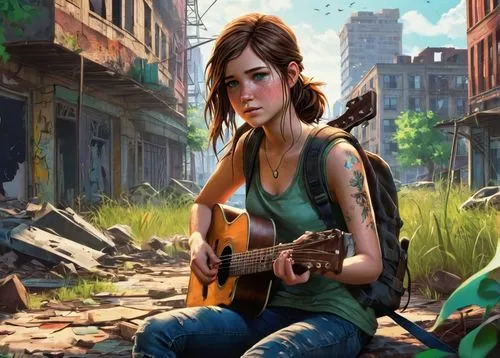 guitar,croft,lara,musician,woman playing,playing the guitar,music background,street musician,girl with a gun,rosa ' amber cover,girl with gun,guitar player,serenade,girl sitting,quiet,musical background,banjo,listening to music,piper,woman playing violin,Illustration,Realistic Fantasy,Realistic Fantasy 39